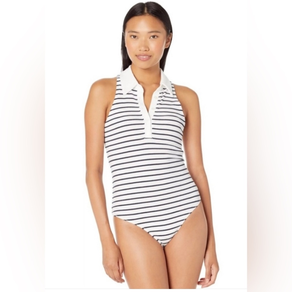 NWT A&F Cotton ribbed stripe in navy and white, polo bodysuit.